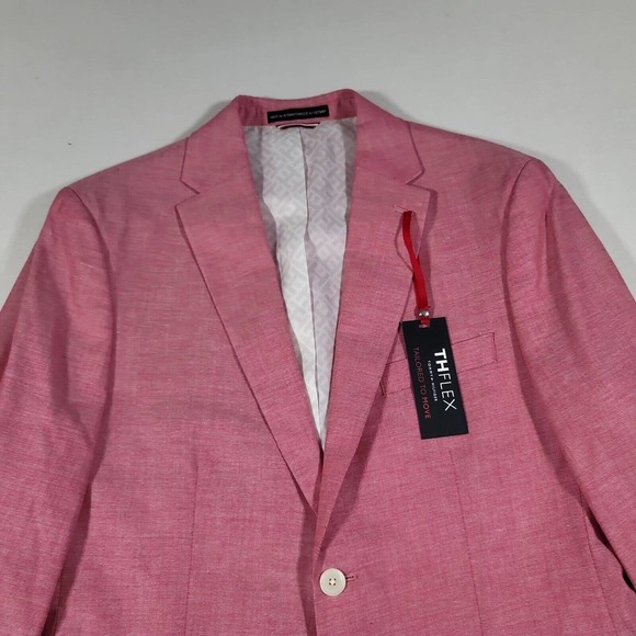 Tommy Hilfiger Red Modern-Fit Stretch Chambray Blazer Mens 42L Cotton Sport Coat - Picture 3 of 4